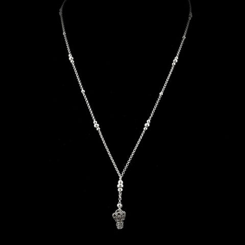 Sterling Silver Skull Crown Rosary Necklace